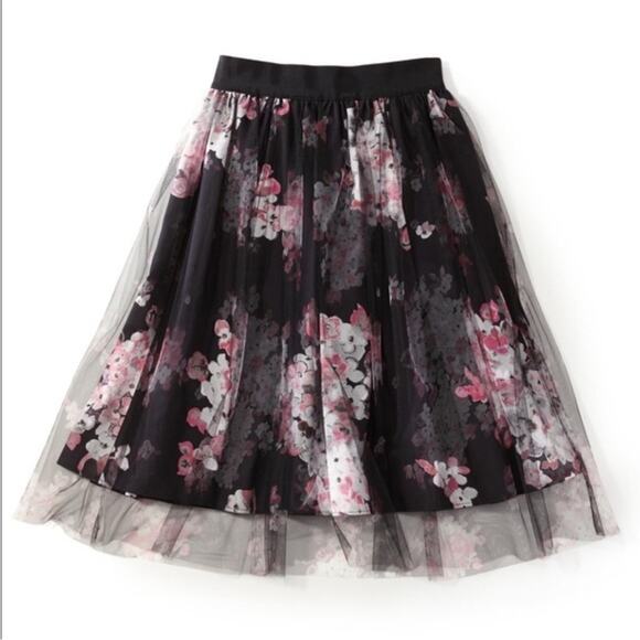 Milly Monica Tulle Overlay Black Pink Floral A-Line Skirt Grosgrain Waistband 6 - Picture 2 of 16